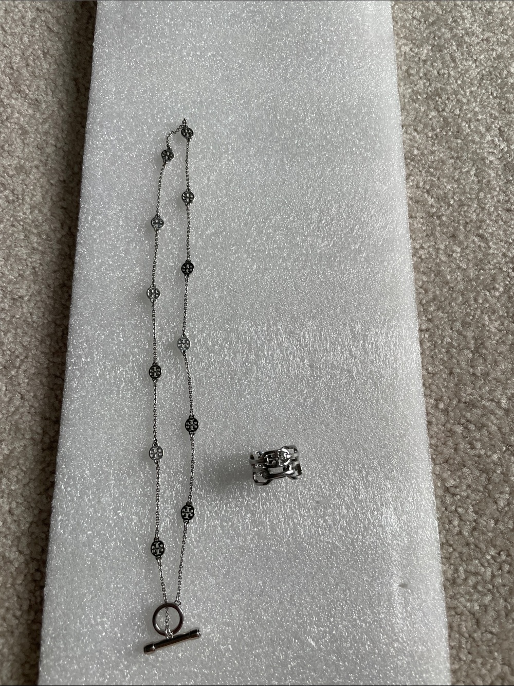 Tory Burch Silver Logo Station Necklace plus ring